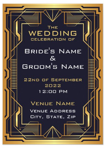 Blue Gold Art Deco Wedding Invitation